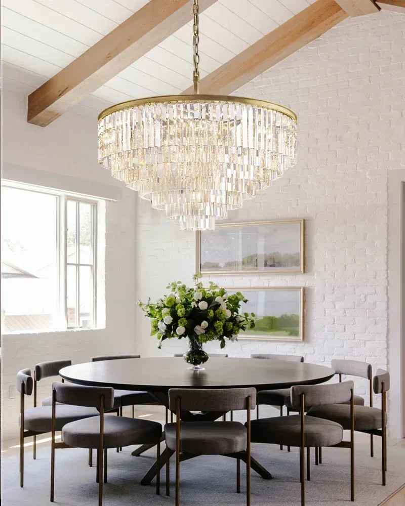 Gold Iron Frame Multi-Tier Rectangular Crystal Dimming Chandelier Dining Room Lighting 34" American chandelier