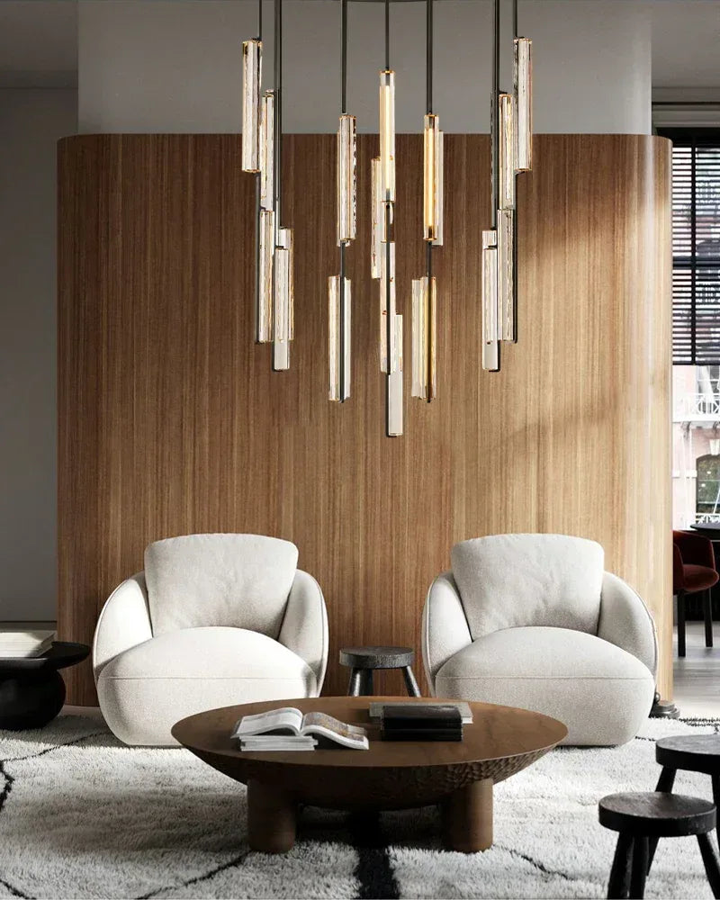 Valence Series Architectural Linear Chandelier | Triple Bar Prism Meticulously crafted clear prisms with vertical brass drops, Lacquered Burnished Brass and Black for Dining Rooms and Kitchen Islands American chandelier