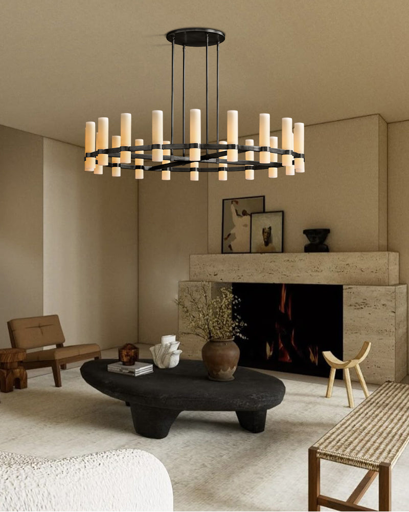 36-Light Industrial Rustic Chandelier Black Finish, Ravelle Glass Shaded Round Chandelier