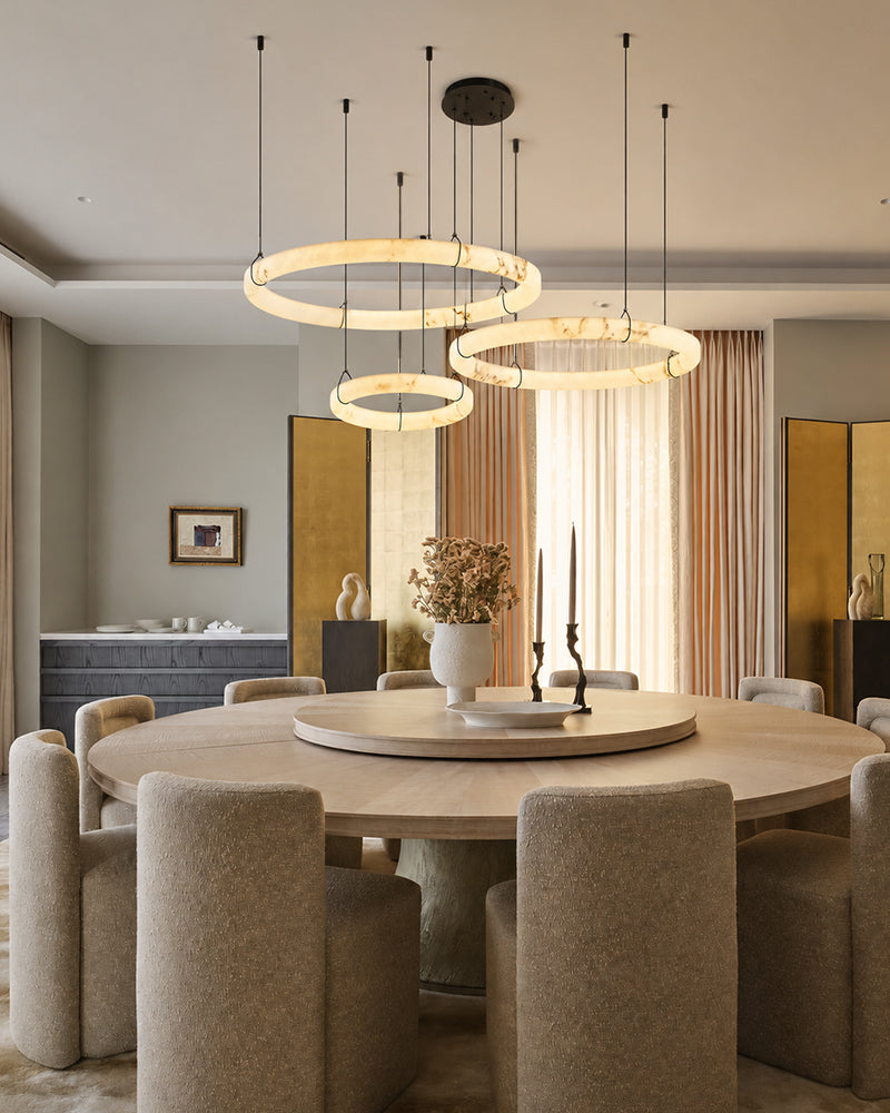 Alabaster Circular Halo Ring Cradled Arch Pendant Light - Natural Spanish Alabaster Rings, Serene Black Trim - Kitchens, Dining & Living Rooms