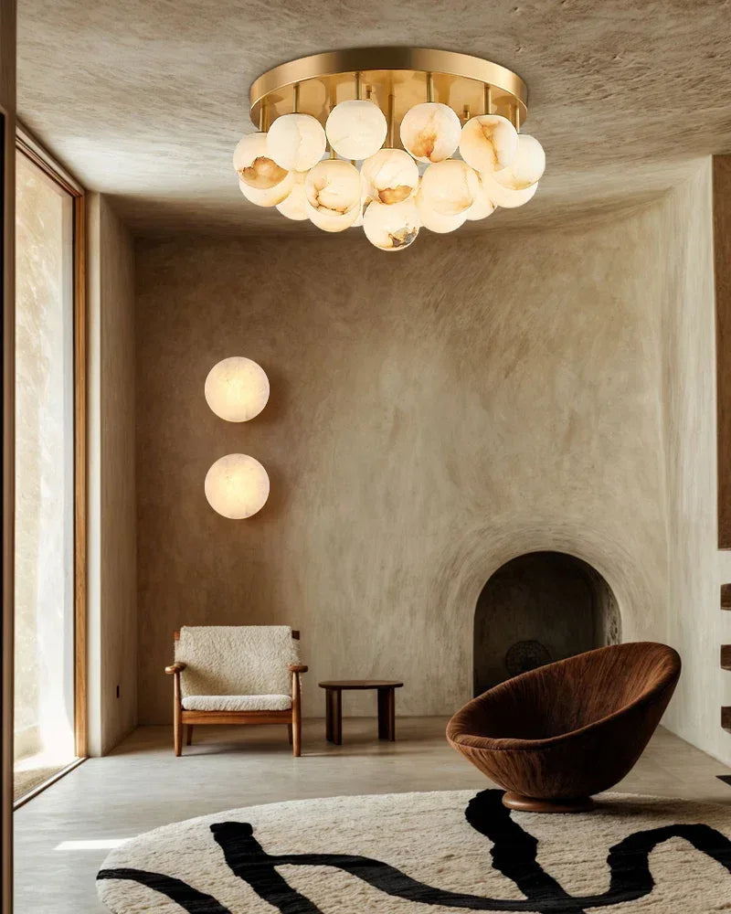 Natural Marble Orb Brass Semi Flush Dimming Wall Sconces 1-Light For Vanity Bathroom Modern Art Design Wall Lamp