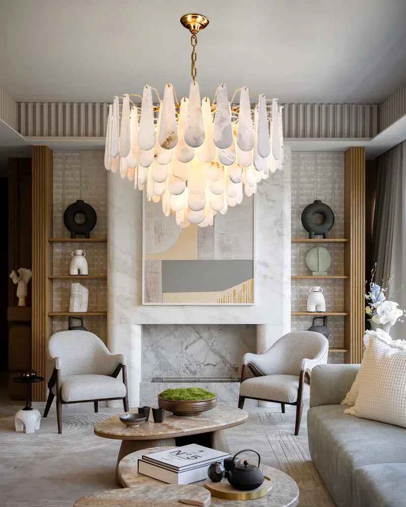 LightsStory Series Prismatic Chandelier | Minimalist Tiered Raindrop Thick marble-derived Alabaster, Natural Stone finish for Foyers, Entrances, and Dining Rooms American Vintage chandelier lamp