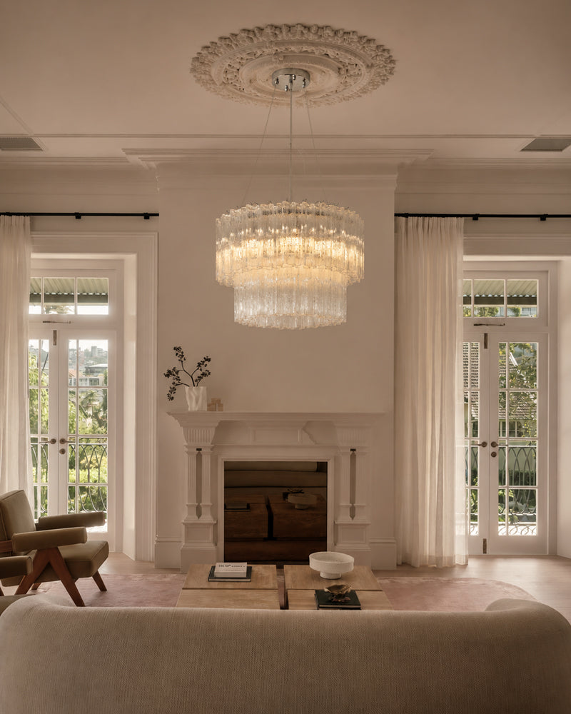 Murano Glass Round Mutil-layers Chandelier - Clear Star Shape Glass - Luxury Living Room