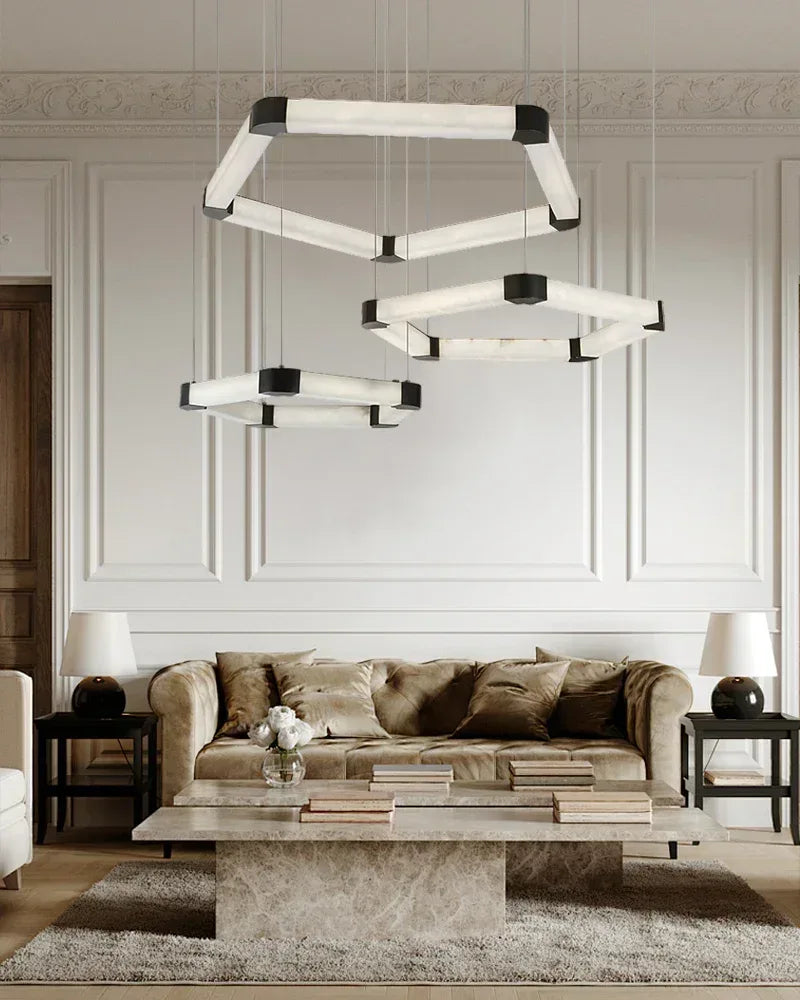 Ring lamps on string suspension in the form of pentagons made of Spanish marble and metal corners American Vintage chandelier lamp