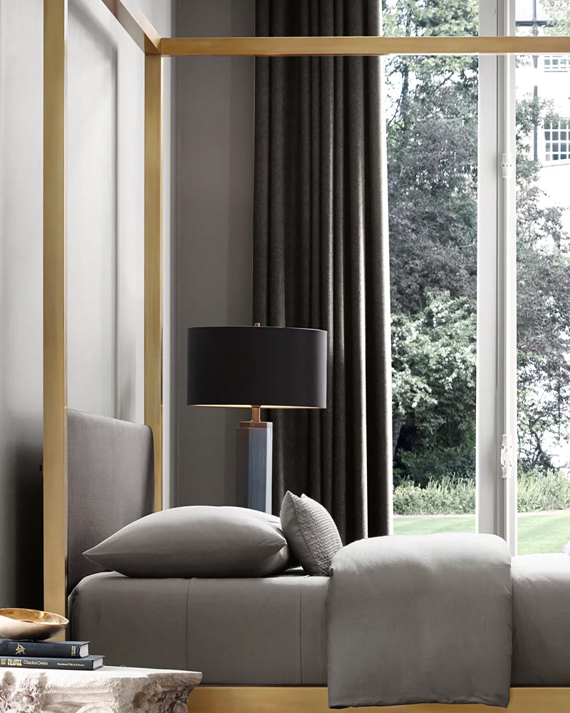 Hexagonal Column Table Lamp 5" in brass/black with fabric linen lampshade