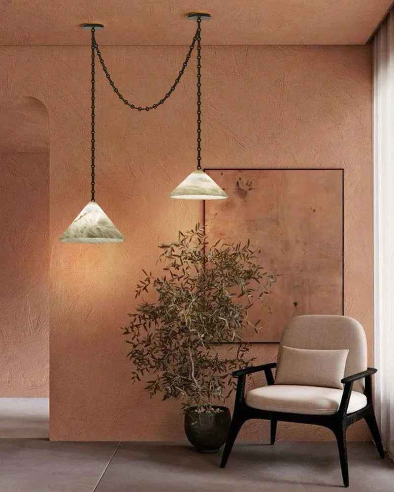 LightsStory Series Geometric Pendant Light | Multi-Head Cone Natural Alabaster Stone, Matte White and Black Chain finish for Kitchen Islands and Dining Areas Modern Pendant lamp