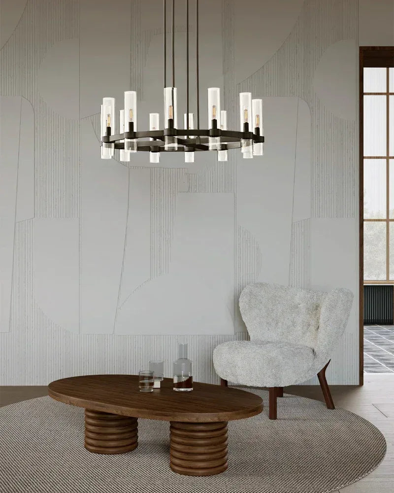 Rustic Farmhouse Black Stainless Wheel Ravelle Round Chandelier in Clear Glass Shade American chandelier