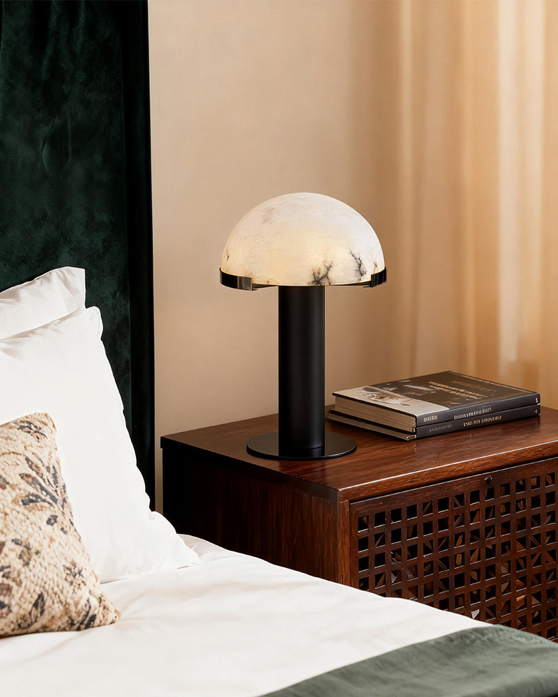 LightsStory Series Geometric Table Lamp | Dome Alabaster Shade Hand-carved natural alabaster with metal base, Burnished Brass or Black finish for Home offices, bedside tables, and workspaces Modern Table lamp