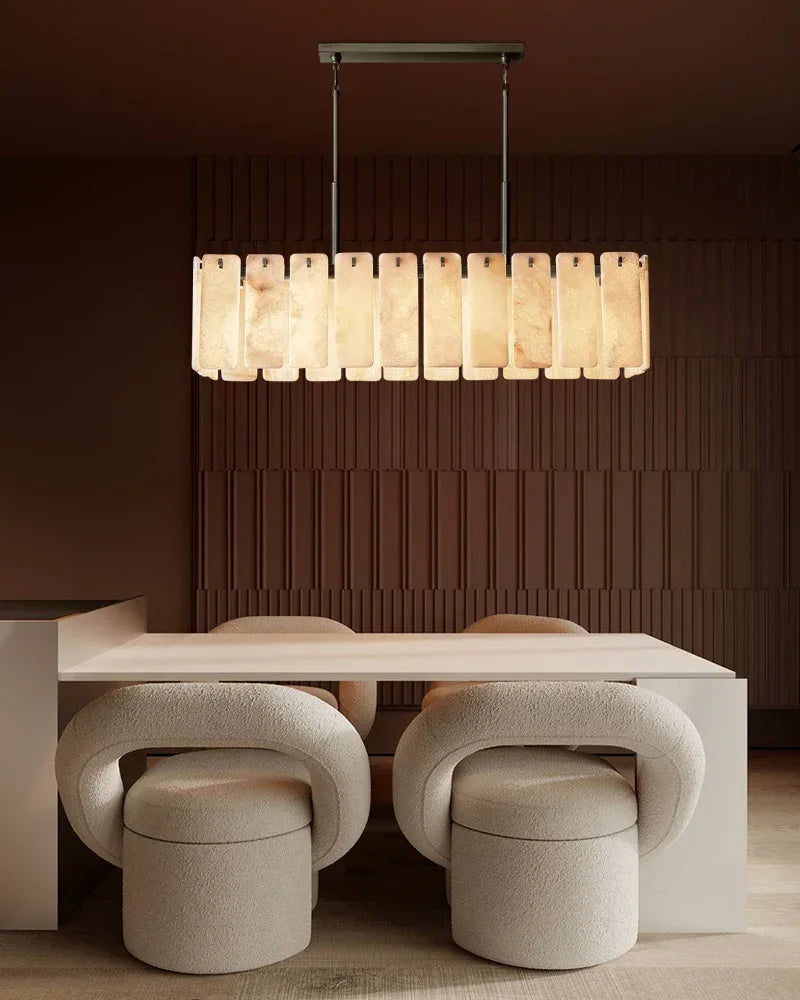 Lacquered Burnished Brass/Black Rectangular Calamette Alabaster Lighting Collection 59" 71" American chandelier