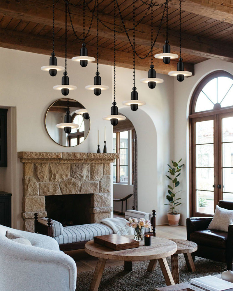 Alabaster Dual Tier Stacked Halo Disc Cluster Pendant Light - Natural Spanish Alabaster, Serene Black Trim - Kitchen Islands & Dining Rooms