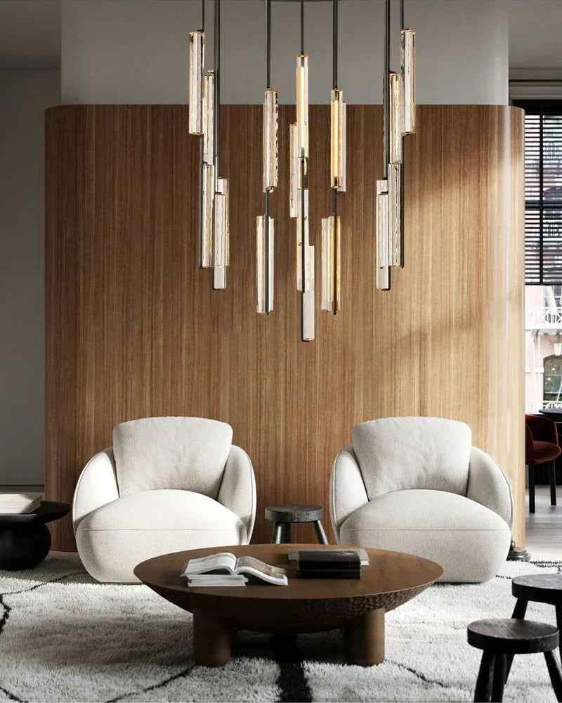 Valence Series Architectural Linear Chandelier | Vertical Prism Meticulously crafted clear prisms and vertical brass drops, Warm Brass and Black finish for Dining Rooms and Kitchen Islands American chandelier