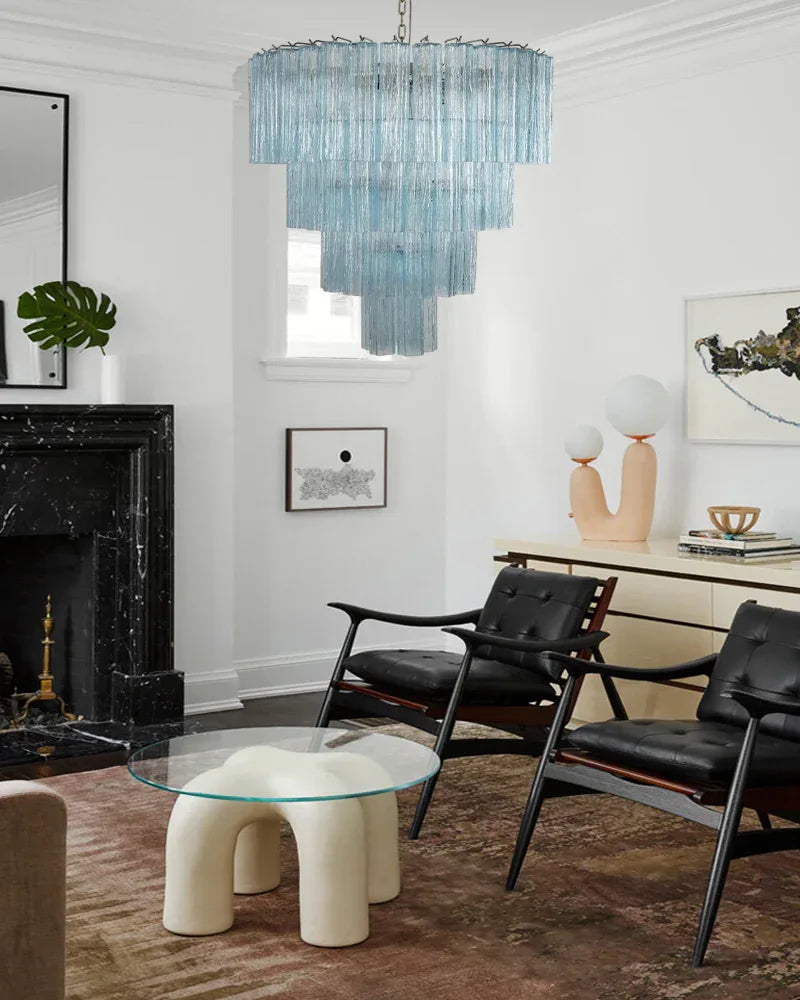 Elegant Murano Hand-blown Blue Glass Tube Multi-Tier Chandelier in Silver Frame American chandelier