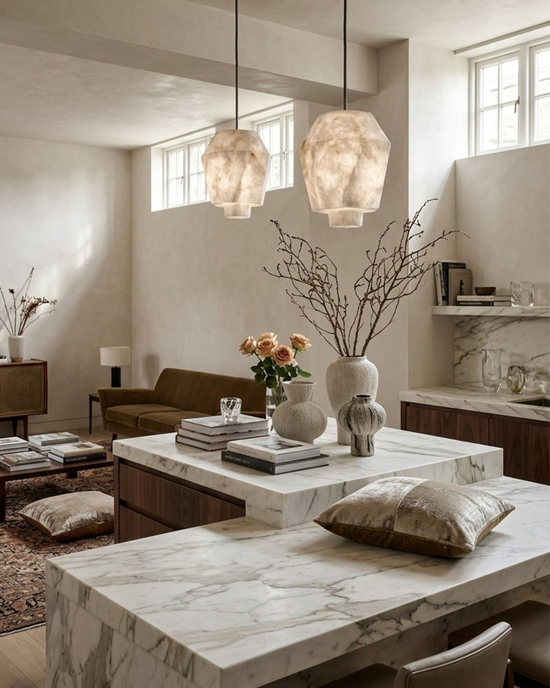 Natural Alabaster Sculptural Geometric Orb Cluster Pendant Light - Natural Spanish Alabaster, Lux Gold Trim - Kitchens, Dining & Living Rooms