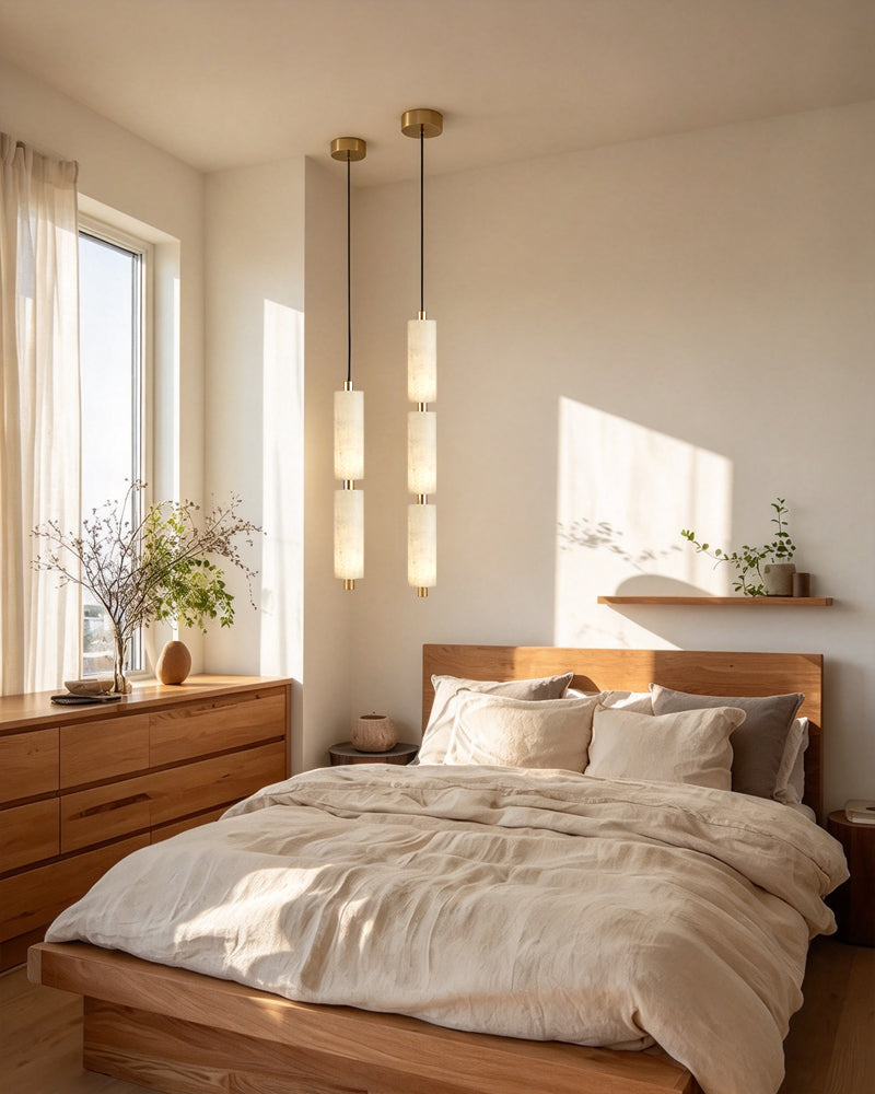 Pendant light cluster with brass trim and vertical alabaster cylinder glass shades