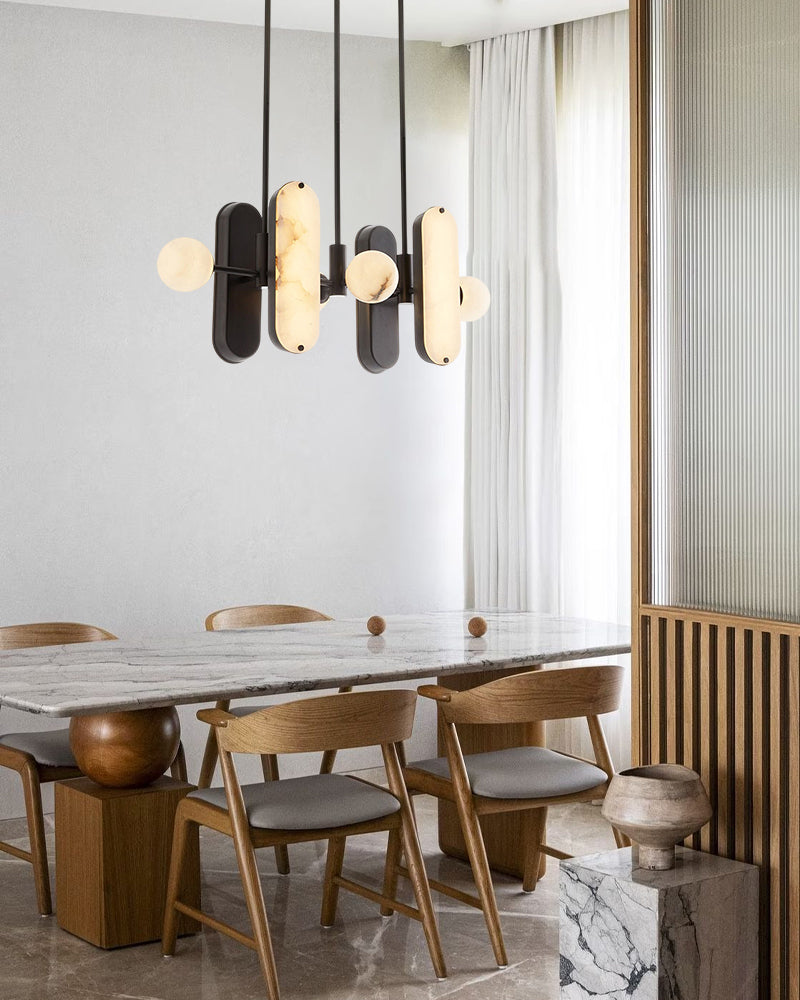 8-Light LED Linear Pendant Lighting in White Alabaster with Bronze & Brass Hardwared