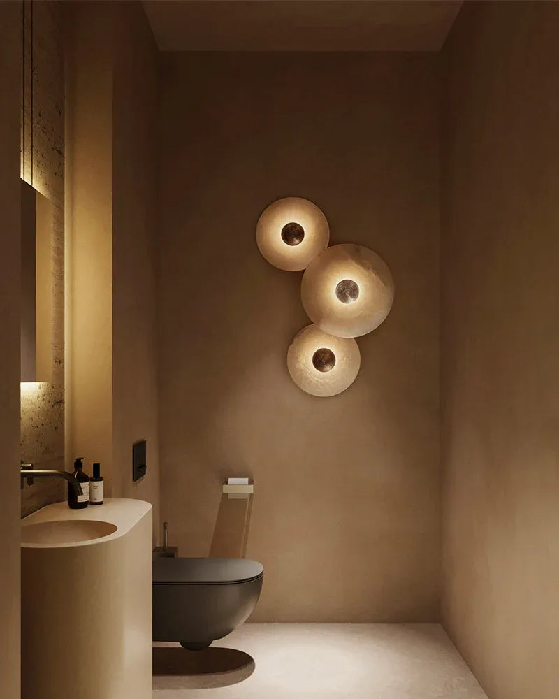 Modern Brass Hardwared Round Alabaster Conbination Plug-in Wall Lamp 10" Wide Modern Art Design Wall Lamp