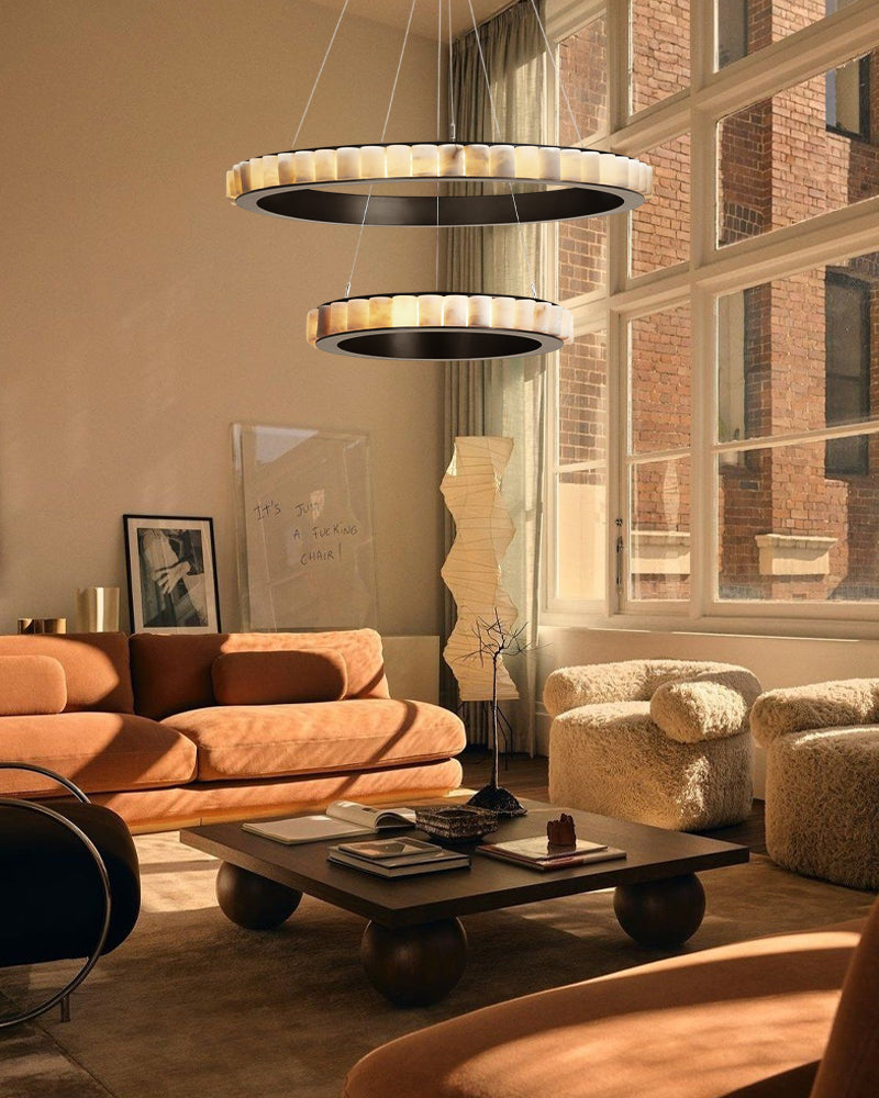 Natural Alabaster Marble Double Circular Chandelier | Black Steel Ring with long cord
