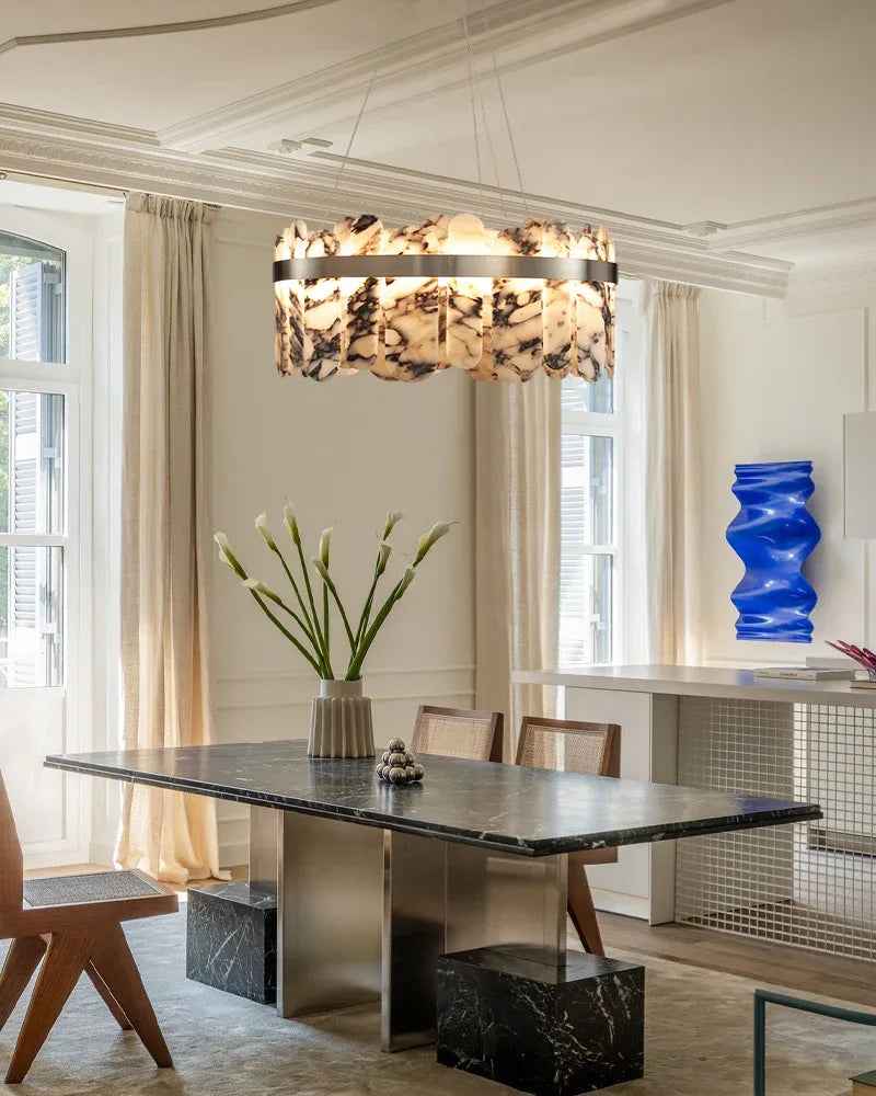 LightsStory Series Geometric Chandelier | Circular Frame Natural Spanish alabaster tiles with stainless steel frame, Brushed Gold, Silver, and Black for Living, dining, and bedroom spaces Luxury Modern Chandelier