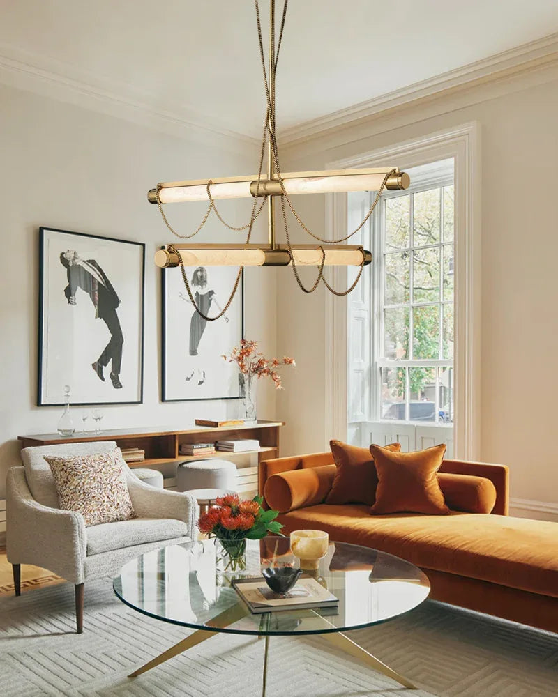 LED Tubular Alabaster Shades Ceiling Pendant Lamp 49" with long chains | Brass Vintage Simple Pendant Lamp