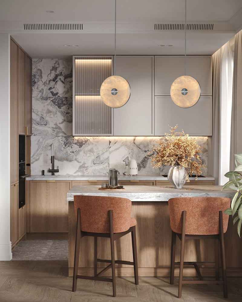 Lausanne Series Geometric Chandelier | Round Cluster Hand-selected alabaster diffusers with metal rod framework, Aged Brass and Black finish for Kitchen islands, entryways, and dining rooms Modern Pendant lamp