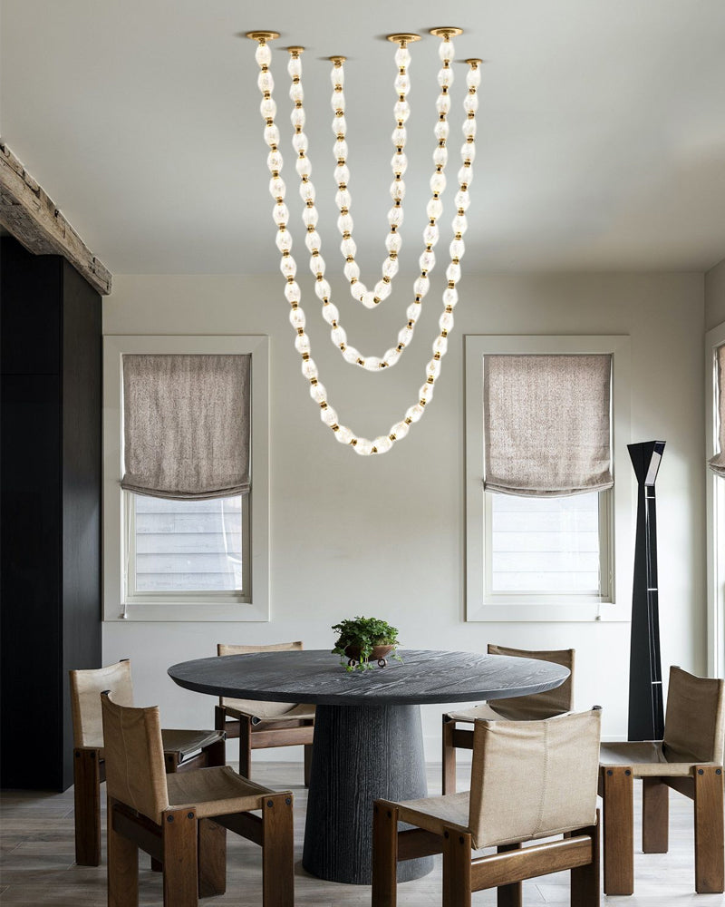 Clairval Glass Bead Rope Hanging Pendant Light - Clear Glass, Lux gold Trim - Lobby, Living Rooms & High Ceilings