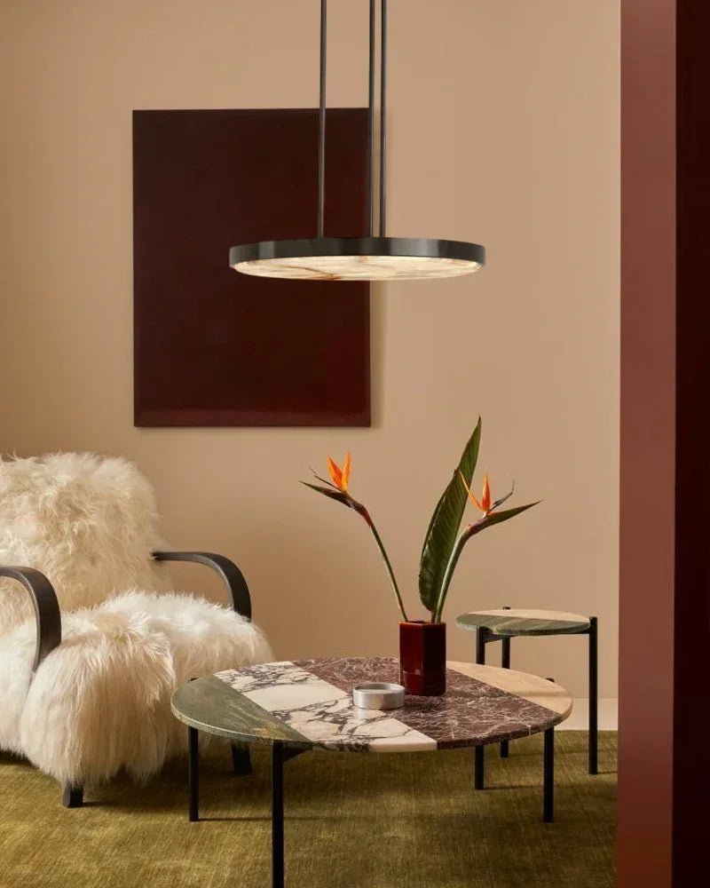 Knokke Series Ethereal Pendant Light | Natural Alabaster Dome Hand-honed natural alabaster disc, Satin brass finish for Dining tables, kitchen islands, and bedrooms Modern Pendant lamp