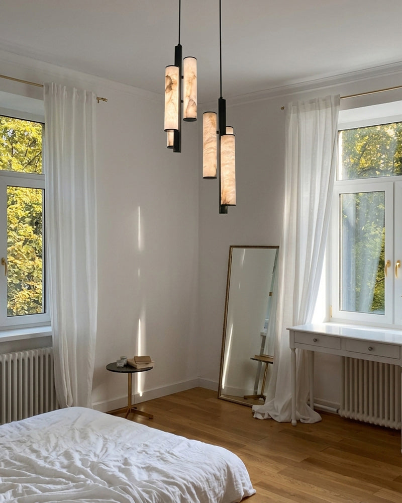 Alabaster Cylinder Drop Cluster Pendant Light - Natural Spanish Alabaster, Serene Black Trim - Living Rooms & Dining Rooms