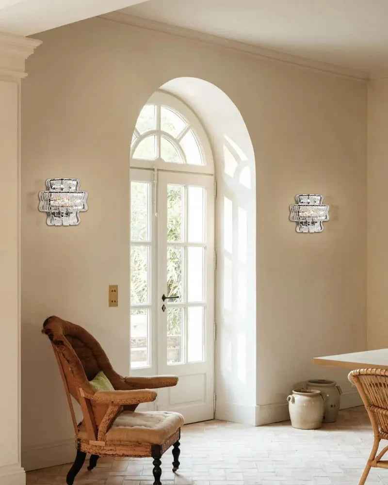 Giverny Series Ethereal Wall Sconce | Curved Textured Glass Curved Textured Glass and Plated Aluminum, Plated Brass or Black finish for Bedrooms, Hallways, and Living Spaces Flush Mounted Wall Sconce Lamp