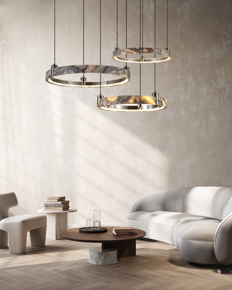 Luxury LED Double/Triple Ring Circle Marble Chandelier Aged Brass/Black Frame American chandelier