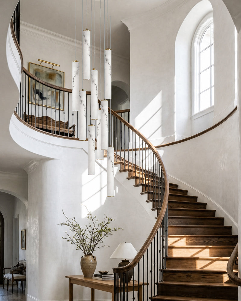 Cora Alabaster Halo Capsule Cluster Pendant Light - Natural Spanish Alabaster, Lux Gold Trim - Foyer, Stairwells & Living Rooms
