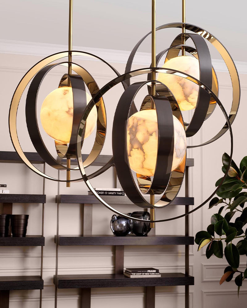 White Alabaster Round Ceiling Pendant Lamp - Gold & Bronze Rotatable Ring