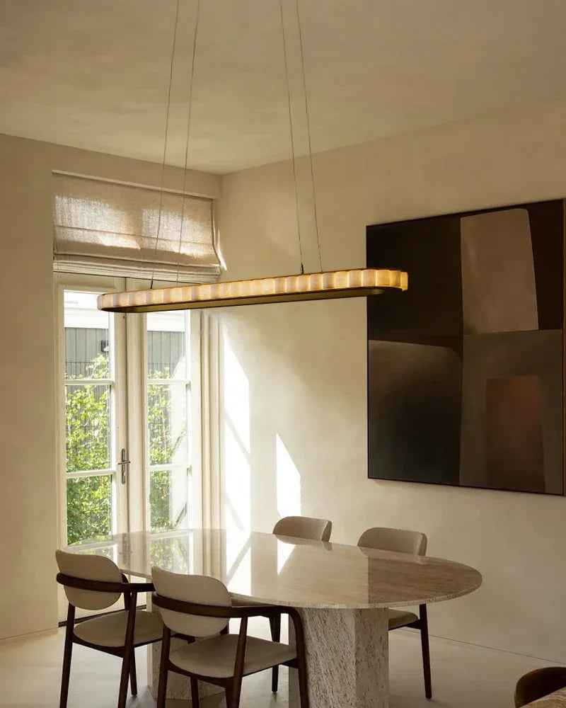 LightsStory Series Geometric Chandelier | Oval Hand-finished natural alabaster columns and sustainable marble detailing, Brushed Black and Gold framework for Entryways and luxury dining areas American chandelier