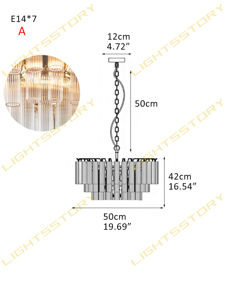Glass Multi Tiered Fluted Glass Prism Waterfall Chandelier - Crystal Clear Glass, Lux Gold Trim - Living Rooms, Bedrooms, Dining Rooms
