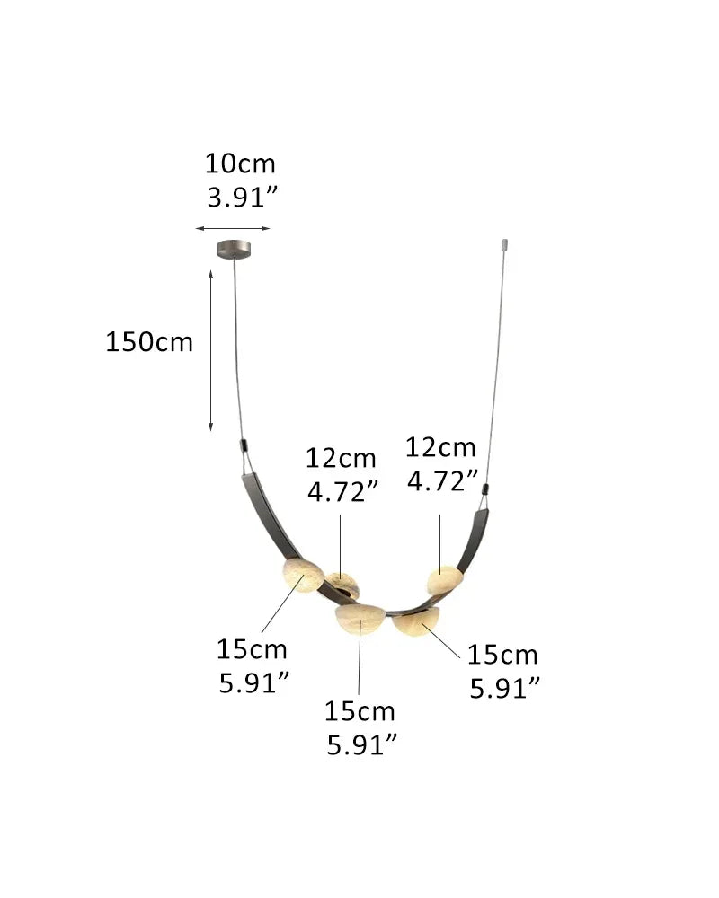 Semi-Oval Marble Chandeliers with U-shaped leather strip,5/7-light on one belt A-D12cm(4.72")*2+D15cm(5.91")*3 White + Black Modern Pendant lamp