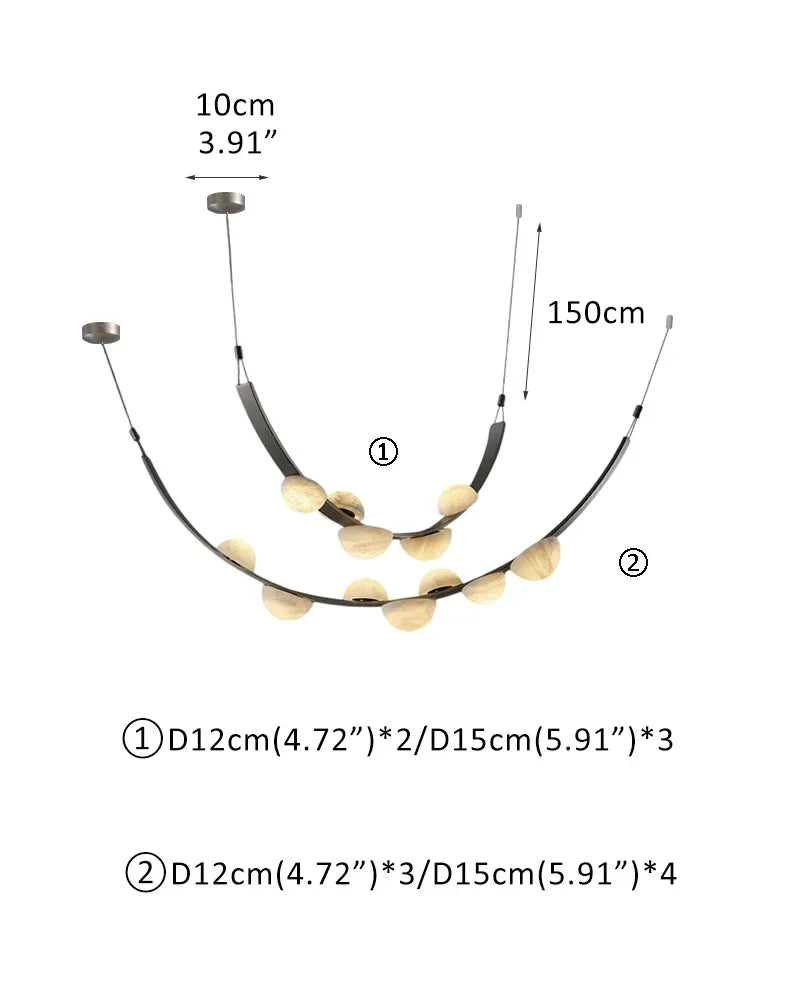 Semi-Oval Marble Chandeliers with U-shaped leather strip,5/7-light on one belt A-2 belts White + Black Modern Pendant lamp
