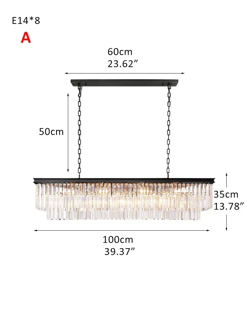 Black Stain Rectangular Crystal Chandeliers Wide 24“ 60” for Kitchen Island 2-tier-L100*W35CM L39.37“*H13.78"-A Black American Vintage chandelier lamp