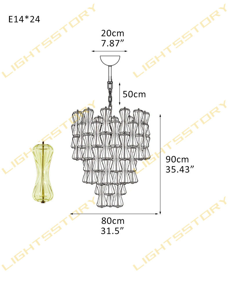 Murano Glass Cascade Tiered Chandelier - Amber & Clear & Green Glass