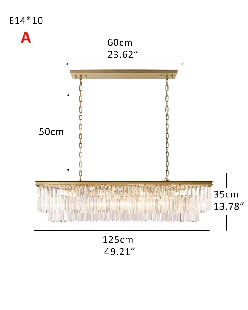 LightsStory Series Prismatic Chandelier | Linear Multi-Crystal Multi-crystal droplets with iron frame, Brushed Gold for Dining rooms, entries, and living areas 2-tier-L125*W35CM L49.21“*H13.78"-A Gold American Vintage chandelier lamp