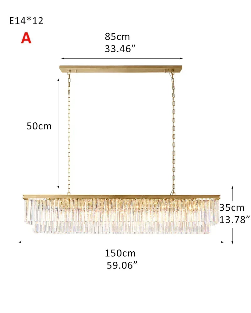 Black Stain Rectangular Crystal Chandeliers Wide 24“ 60” for Kitchen Island 2-tier-L150*W35CM L59.06“*H13.78"-A Gold American Vintage chandelier lamp