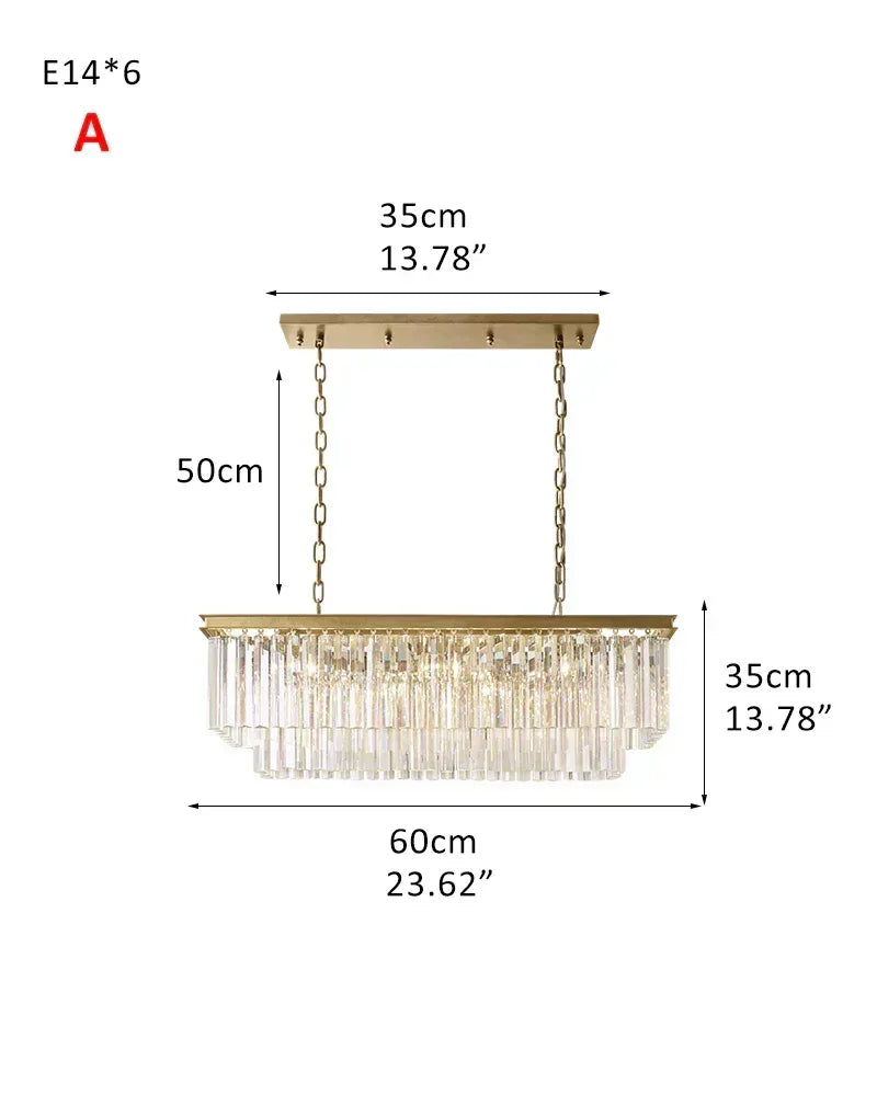 Black Stain Rectangular Crystal Chandeliers Wide 24“ 60” for Kitchen Island 2-tier-L60*W35CM L23.62“*H13.78"-A Gold American Vintage chandelier lamp