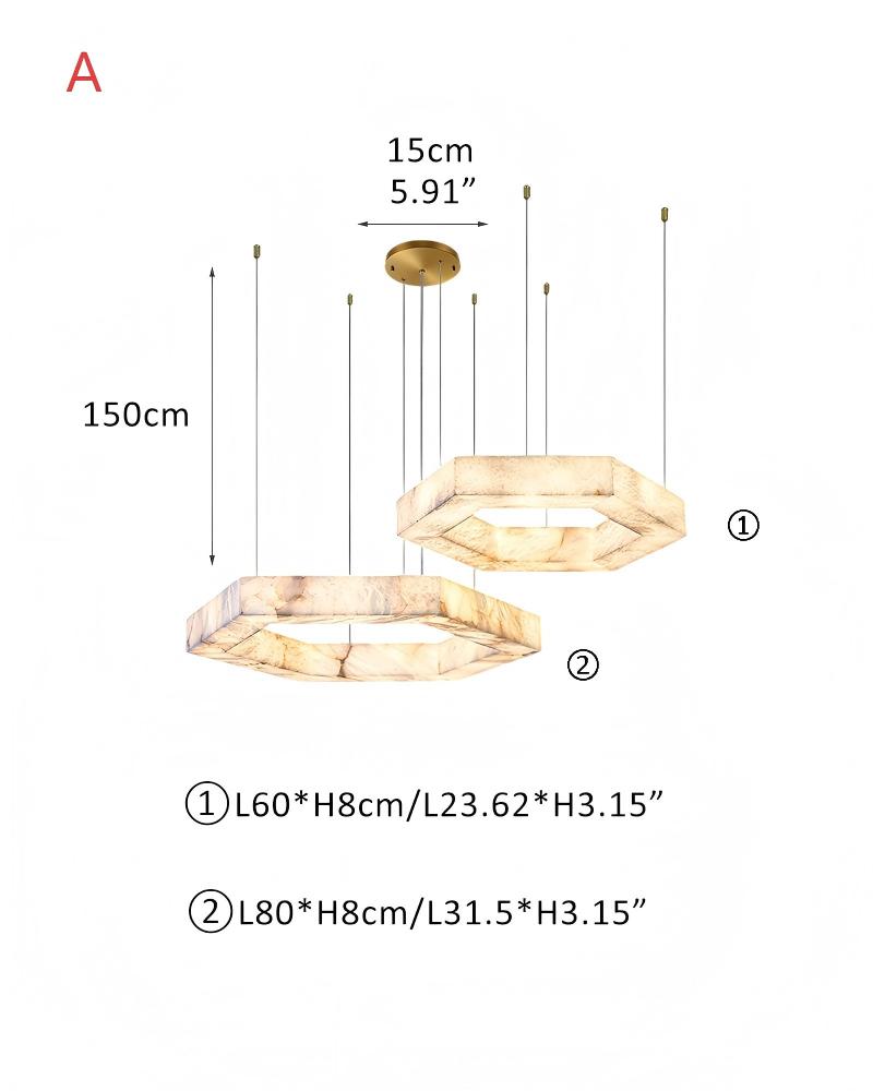 LED Hexagon Square Alabaster Pendant Lamp Gold Stainless Ceiling | Double/Triple Ring Design L60+L80CM L23.62“+L31.5“-A White + Gold Vintage Simple Pendant Lamp