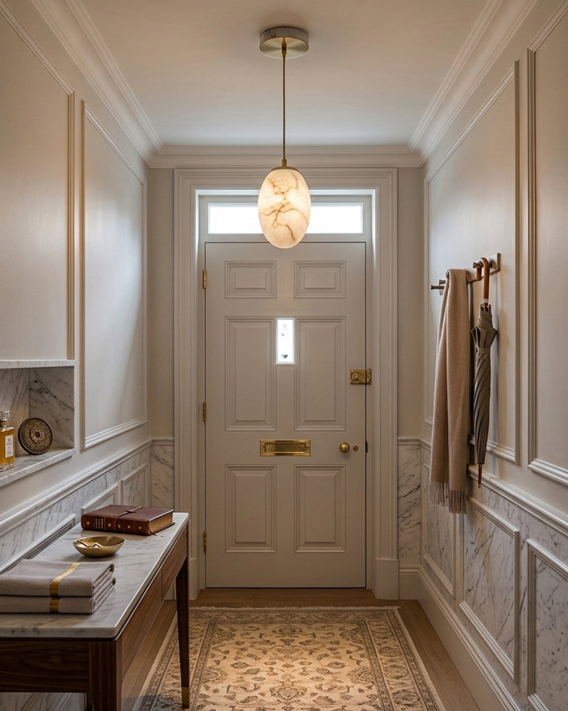 Alabaster Pebble Orb Lantern Pendant Light - Natural Spanish Alabaster, Lux Gold Trim - Hallways, Living Room & Dining Room