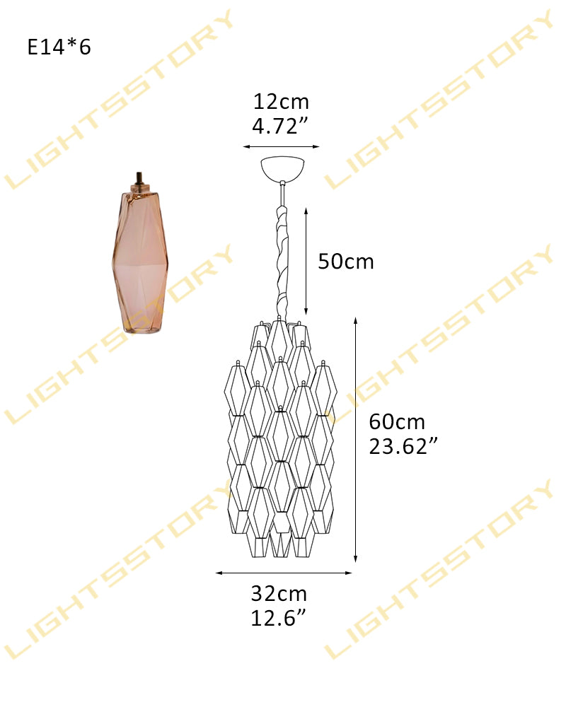 6 lights Hand-blown Murano Colorful Glass Interior Small Pendant Lights Wide 12" Height 24" 6-light-D32*H60CM D12.6"*H23.62" Modern Pendant lamp