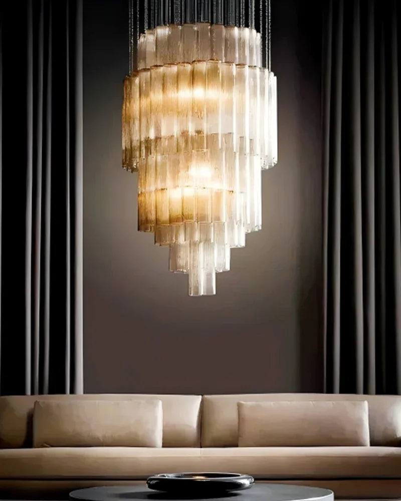 LightsStory Series Geometric Chandelier | Multi-Tiered Durable steel and translucent glass, Polished satin nickel finish for Grand halls, dining spaces, and statement staircases American chandelier