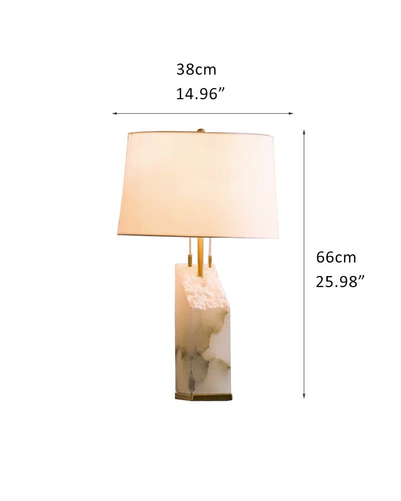 15" white alabaster table lamp with cream linen shade and dimensions displayed.