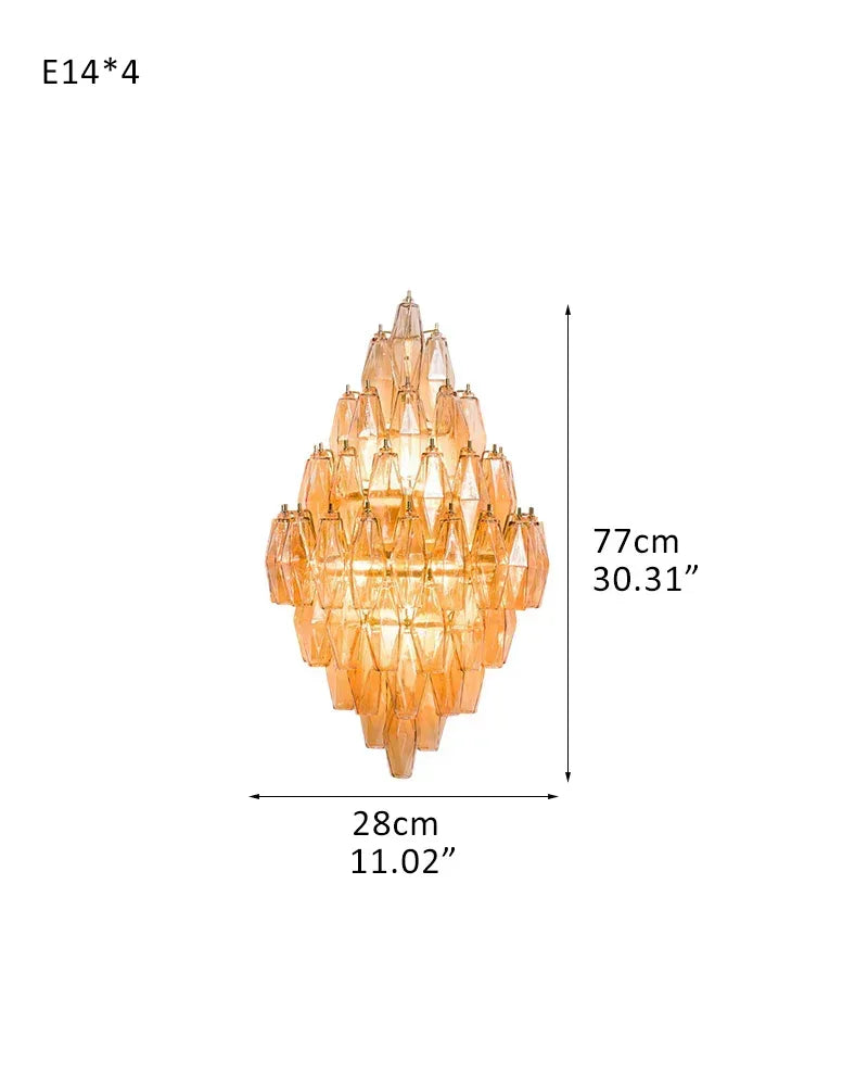 LightsStory Series Cascading Wall Sconce | Tiered Handblown Glass Handblown glass polyhedrons on a tiered steel frame, Multicolor Blown Glass Options for Eclectic living spaces and modern entryways D28*W46*H77CM D11"*W18"*H30" Amber American Vintage chandelier lamp