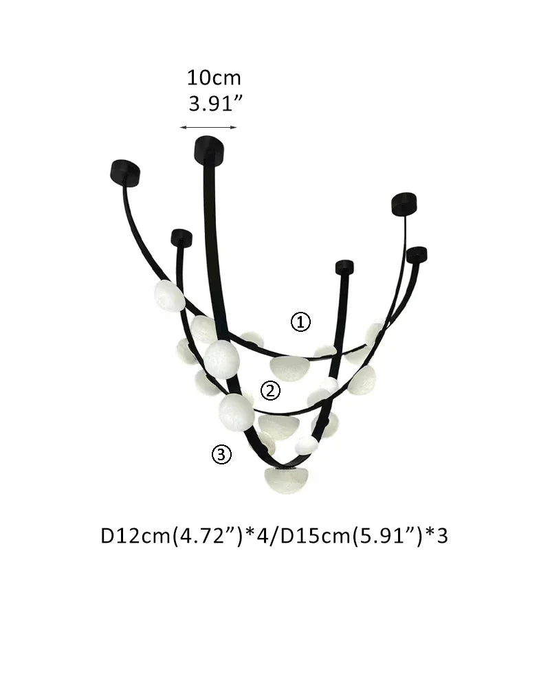 Semi-Oval Marble Chandeliers with U-shaped leather strip,5/7-light on one belt B-D12cm(4.72")*4+D15cm(5.91")*3-3 belts White + Black Modern Pendant lamp