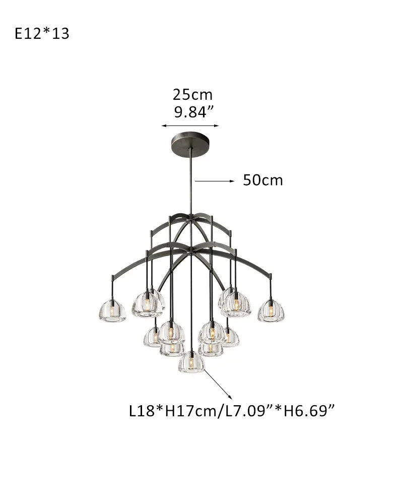 Dimple Crystal Glass Globe Rainfall Round Hemisphere Chandelier Brushed Black Steel 13-light-D122*H103CM L48"*H40" Brass American chandelier
