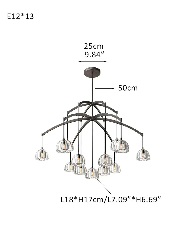Dimple Crystal Glass Globe Rainfall Round Hemisphere Chandelier Brushed Black Steel 13-light-D152*H103CM L60"*H40" Brass American chandelier