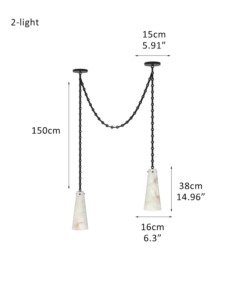 Modern Alabaster Chandelier 2 Light, Double Pendant with adjustable brass/black chain